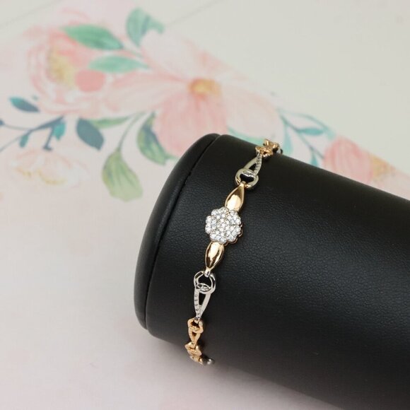 Elegant Rose Gold+Silver Floral Bracelet with Sparkling Center, XPBL0724 - Picture 8 of 12